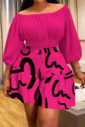 casual plus size slight stretch off shoulder abstract batch printing shorts sets