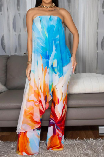 casual plus size slight stretch batch printing tube top and pants set