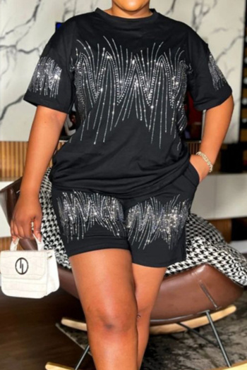 casual plus size slight stretch rhinestone loose t-shirt shorts set