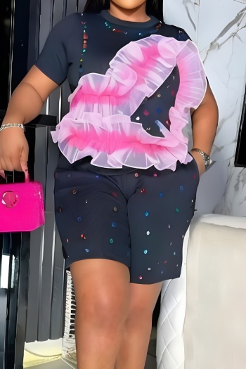 casual plus size slight stretch rhinestone mesh decor shorts set
