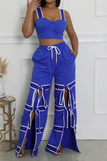 casual plus size slight stretch sling crop vest slit wide leg pants set