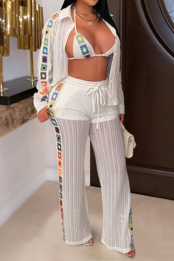 sexy plus size slight stretch knitted flower see-through three-piece set