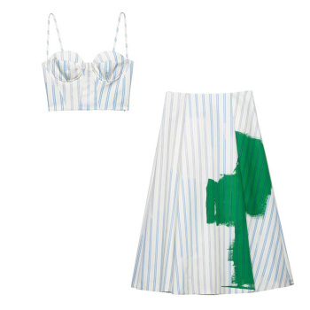 casual non-stretch stripe printing sling maxi skirt sets