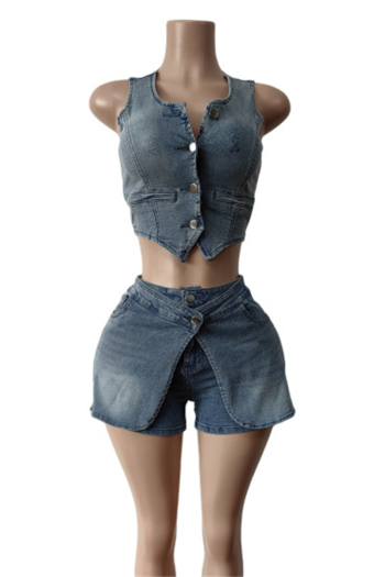 casual plus size slight stretch slim crop denim vest shorts set
