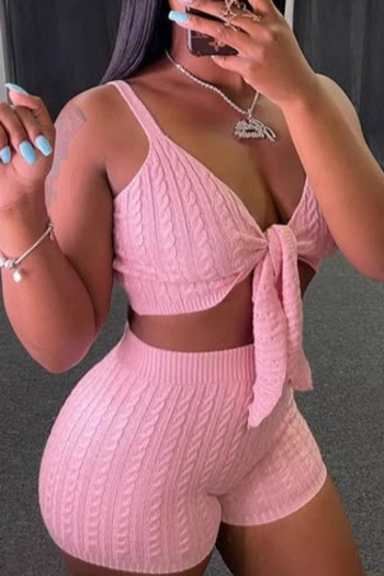 casual high stretch solid color knitted crop top slim shorts set