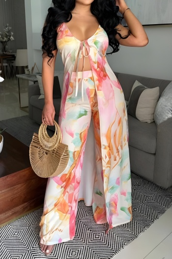 stylish plus size non-stretch batch printing sling slit top high waist pants set