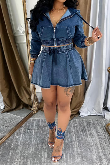 stylish plus size slight stretch denim hooded zip-up outerwear & mini skirt set