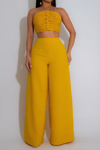 stylish plus size non-stretch shirring design top high waist wide-leg pants set