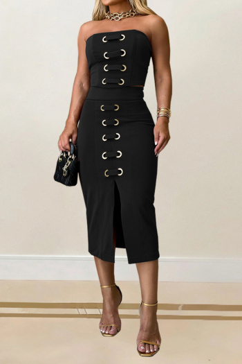 casual plus size slight stretch solid color tube top slim slit midi skirt set
