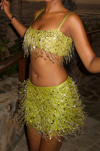 sexy non-stretch tassels sequin decor mini skirt sets