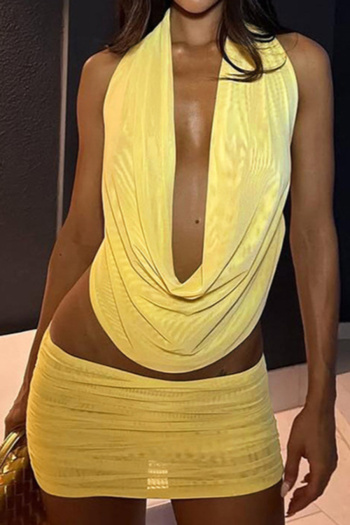 sexy slight stretch 4 colors halter-neck mesh mini skirt sets