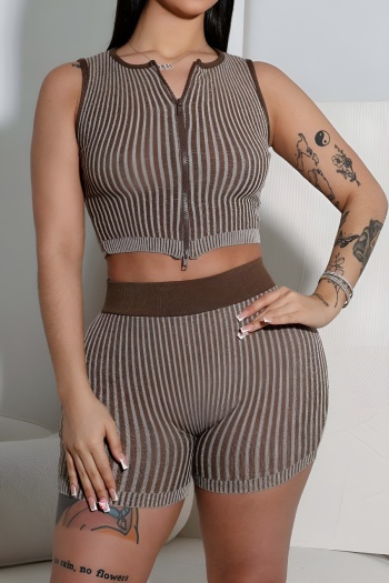 stylish plus size slight stretch stripe knitted zip-up vest & shorts set