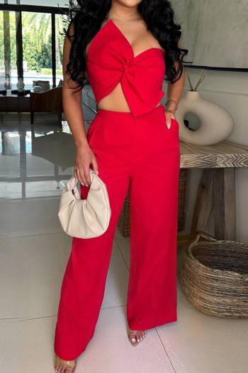 stylish plus size non-stretch solid color tube top bow decor vest pants set