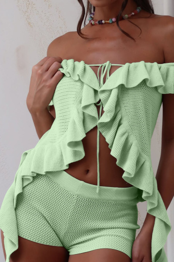 sexy slight stretch cut out knitted off shoulder ruffle top & shorts set
