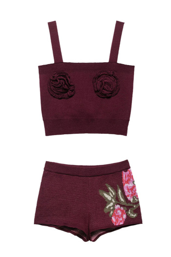 sexy slight stretch ribbed knit flower decor shorts sets
