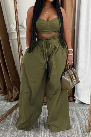 casual plus size non-stretch sling crop vest high waist wide leg pants set
