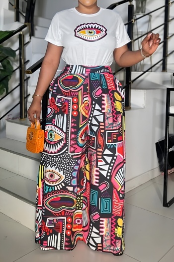 casual plus size slight stretch eyes printed t-shirt wide leg pants set