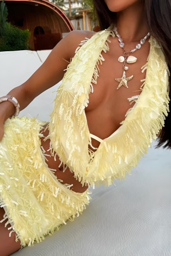 sexy slight stretch sequin tassel deep v swing collar vest & mini skirt set