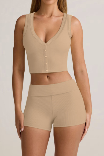 casual slight stretch 4-colors solid color slim vest shorts set