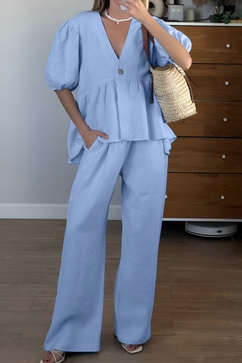 casual non-stretch pure cotton v-neck blouse & pants set