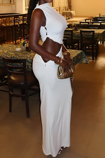 casual slight stretch solid color irregular top maxi skirt set