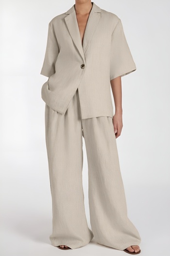 stylish non-stretch pure color suit collar outerwear & pants set