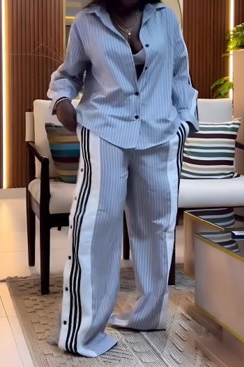 casual plus size non-stretch striped print loose single breasted pants set