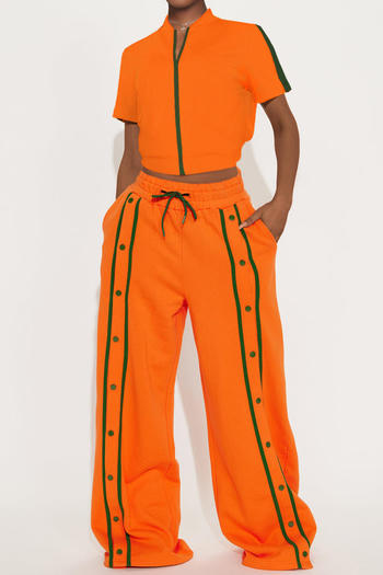 casual plus size slight stretch 5-colors double breasted wide leg pants set