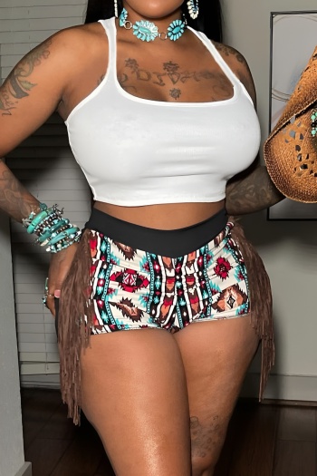 stylish slight stretch graphic print vest & tassel decor shorts set