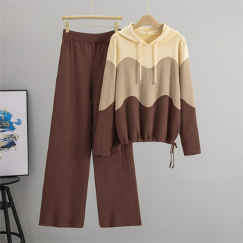 casual slight stretch knitted contrast color hooded sweater straight pants set