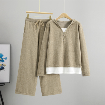 casual slight stretch knitted fake two-piece hooded sweater pants set