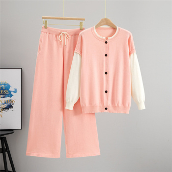 casual slight stretch knitted splicing sleeves cardigan sweater pants set