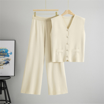 casual slight stretch simple solid color knitted cardigan vest pants set