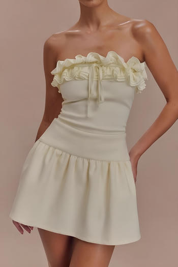 casual slight stretch solid color ruffle tube top slim vest mini skirt set