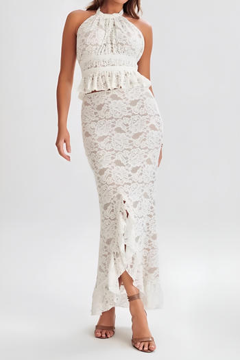 sexy slight stretch lace halter neck large backless vest maxi skirt set
