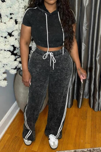 casual plus size slight stretch hooded crop top high waisted pants set