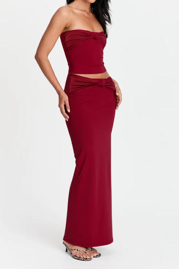 casual slight stretch solid color slim fit tube top maxi skirt set