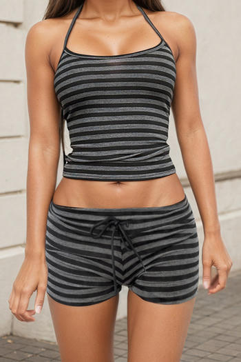sexy slight stretch halter-neck stripe printing drawstring shorts sets