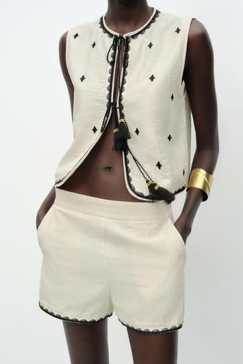 casual non-stretch embroidery edge crew neck shorts sets