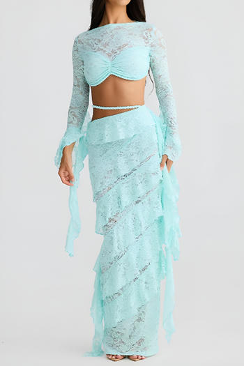 sexy slight stretch see-through lace crop top slit maxi skirt set
