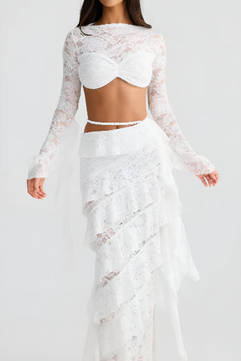 sexy slight stretch see-through lace crop top slit maxi skirt set #1