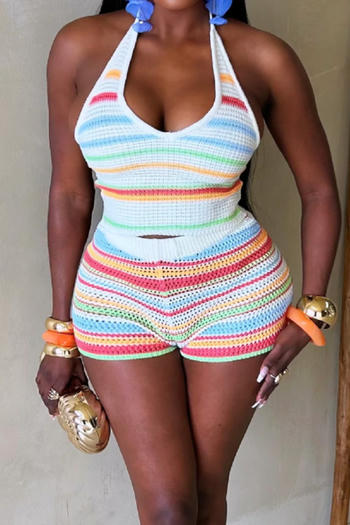 sexy slight stretch multicolor stripe pattern halter-neck shorts sets