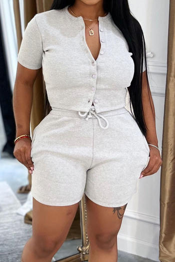 casual plus size slight stretch 6 colors single-breasted top & shorts set