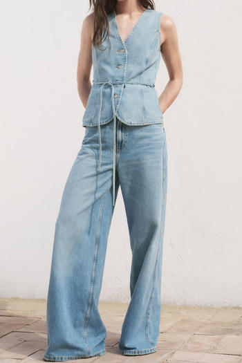 casual non-stretch denim v-neck lace-up pants sets