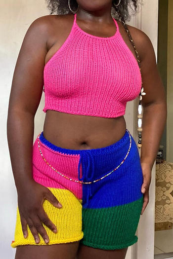 casual slight stretch knitting halter neck crop vest contrast color shorts set