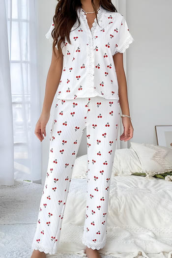 casual slight stretch v-neck top cherry print lace splicing pants set loungewear