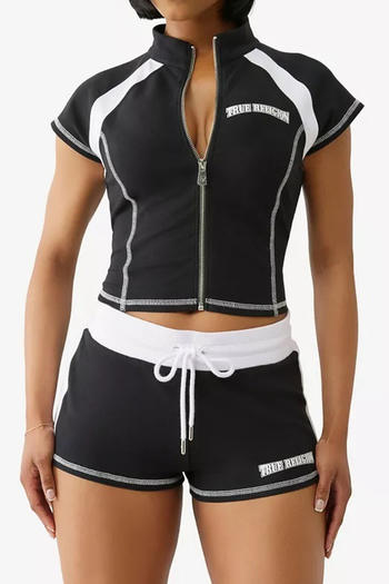 casual slight stretch contrast color slim fit zip-up cardigan top shorts set