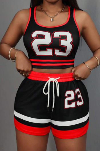 casual slight stretch contrast color letter print slim crop top and shorts set