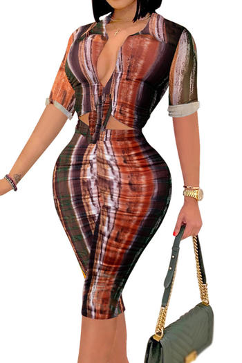 casual plus size new slight stretch multicolor printed slim fit shorts set