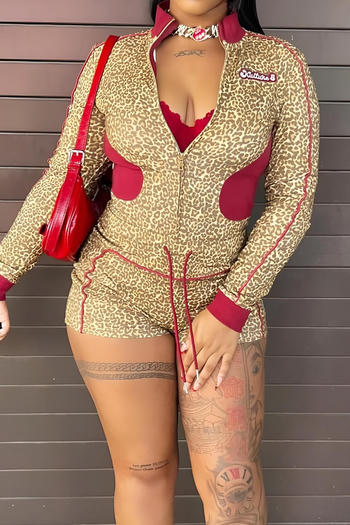 casual plus size slight stretch leopard print long sleeve shorts set
